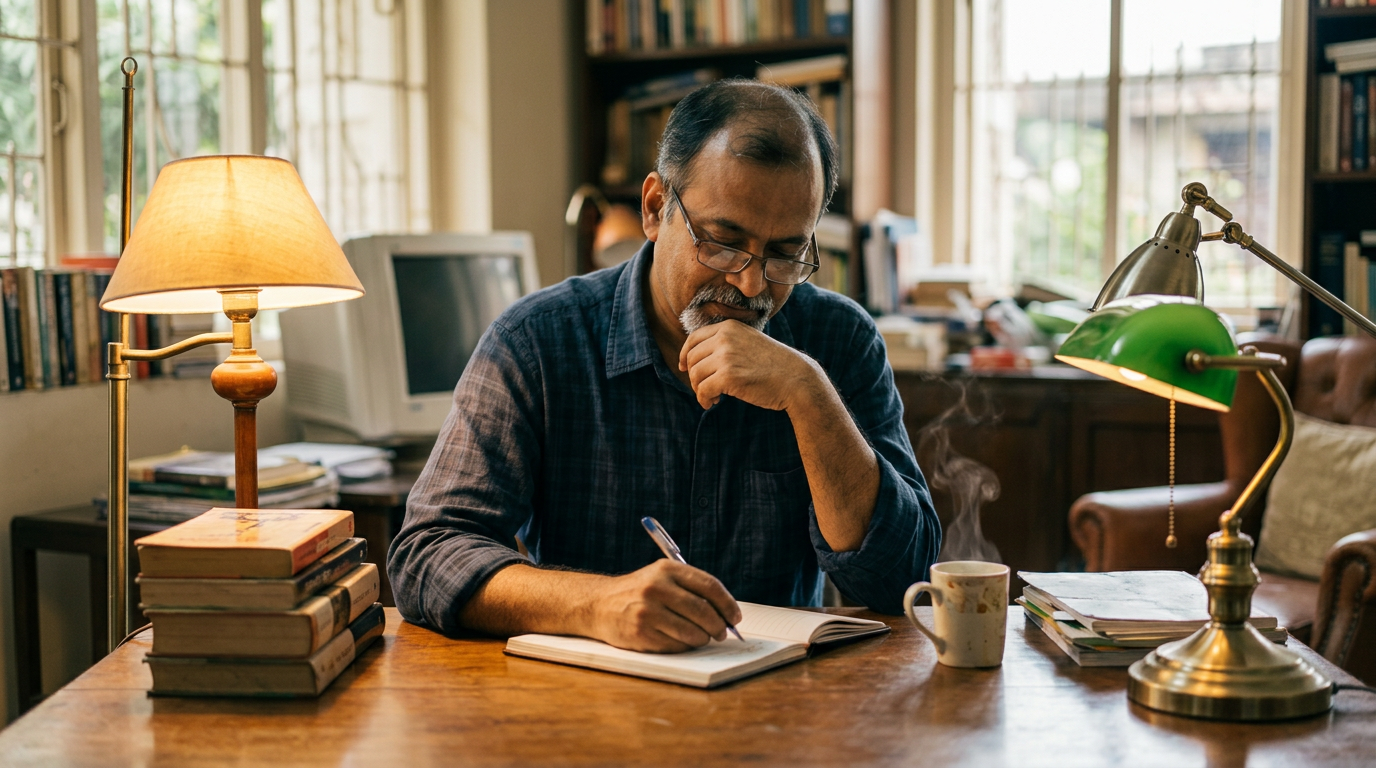 Man writing in notebook at wooden desk with books and coffee cup