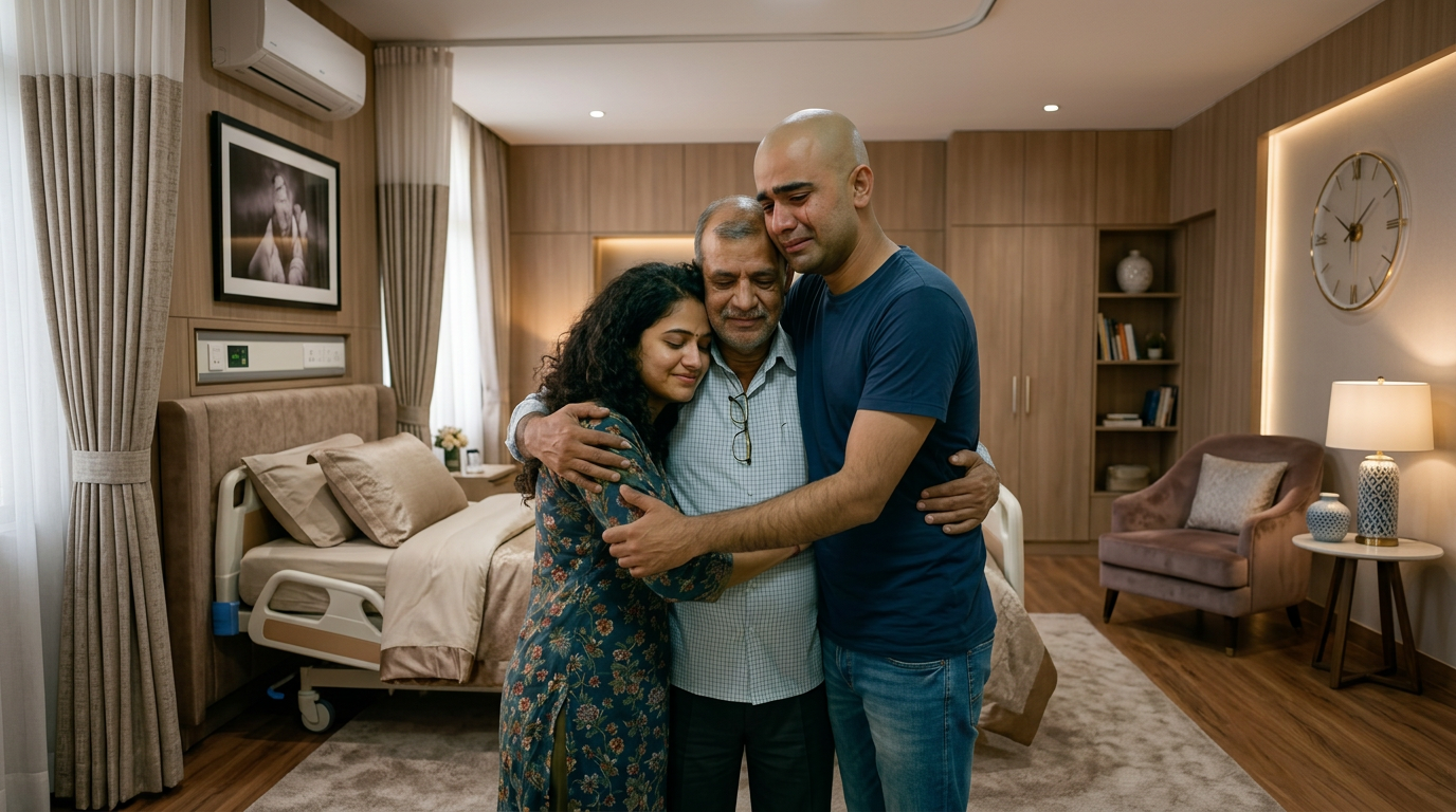 My Cancer Story — Telling the Children 1 A middle-aged man hugging a crying man and a woman tightly in a hospital room.