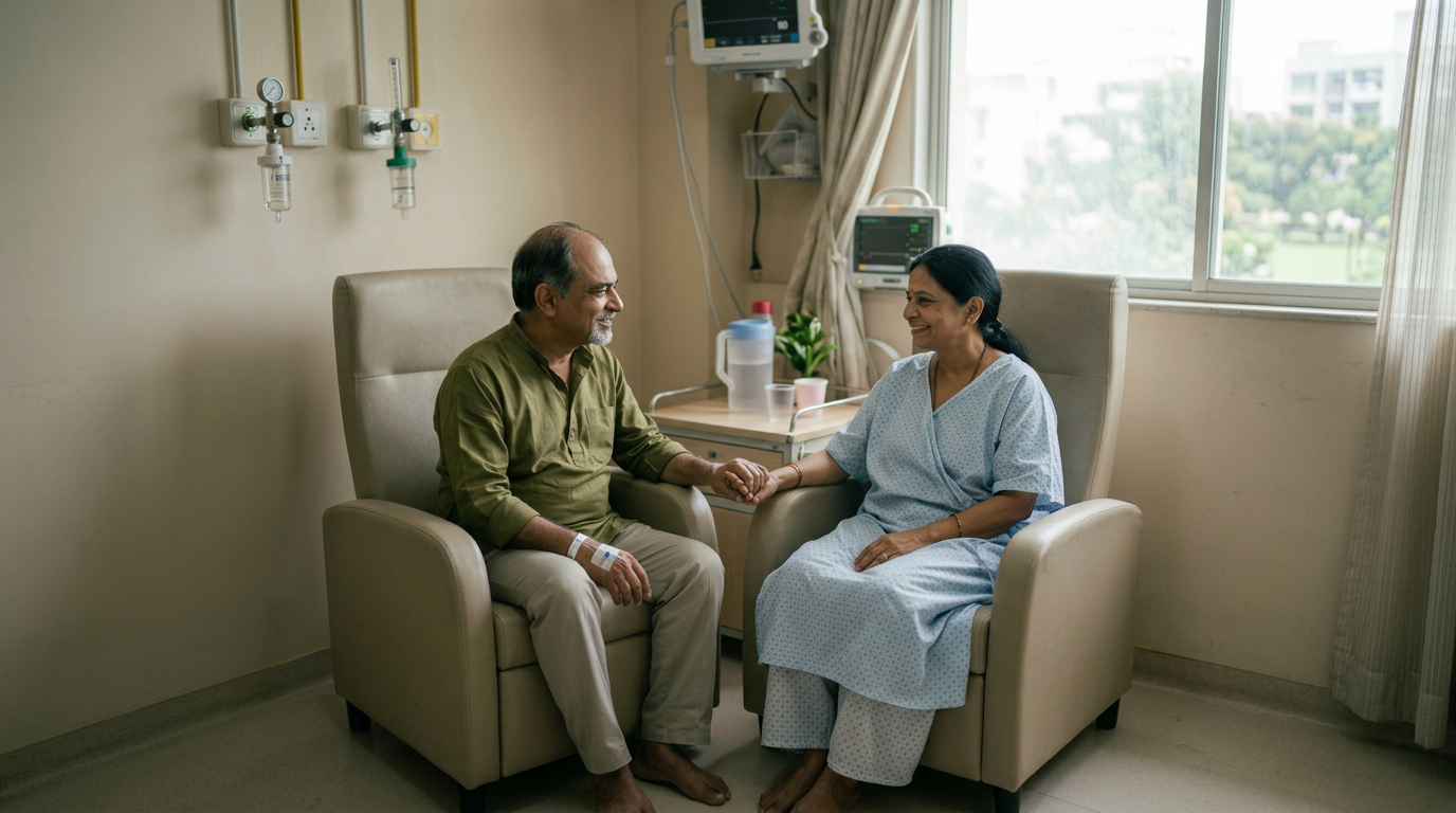 My Cancer Story — Harsha 1 Woman holding hand of man lying in hospital bed with IV drip