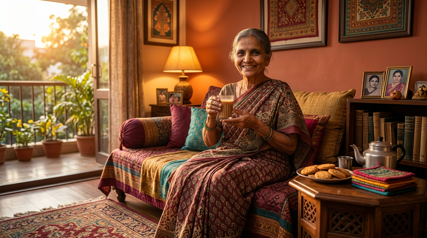 Elderly woman in a sari holding a glass of chai at a bustling street market stall