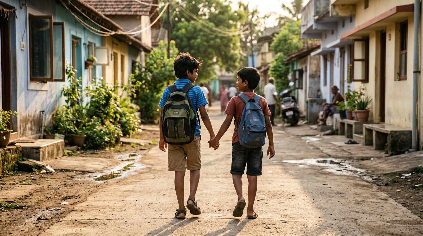 Two boys holding hands and walking on a dirt village street with backpacks